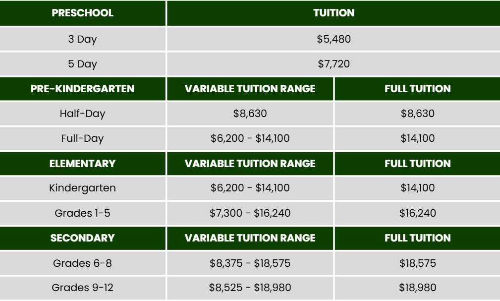 Shoreline Christian tuition prices for the 2024/2025 school year